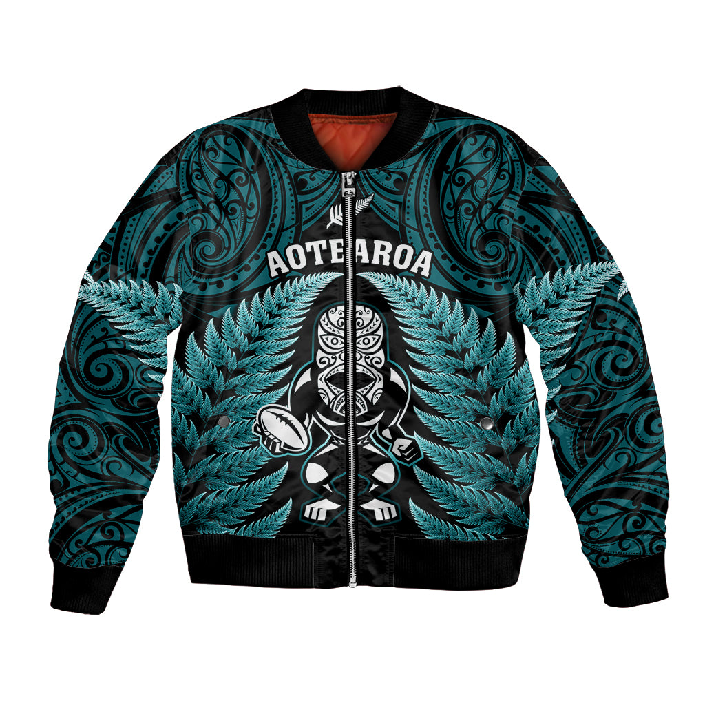 New Zealand Aotearoa Rugby Bomber Jacket NZ Tiki With Maori Fern World Cup Turquoise Version - Vibe Hoodie Shop