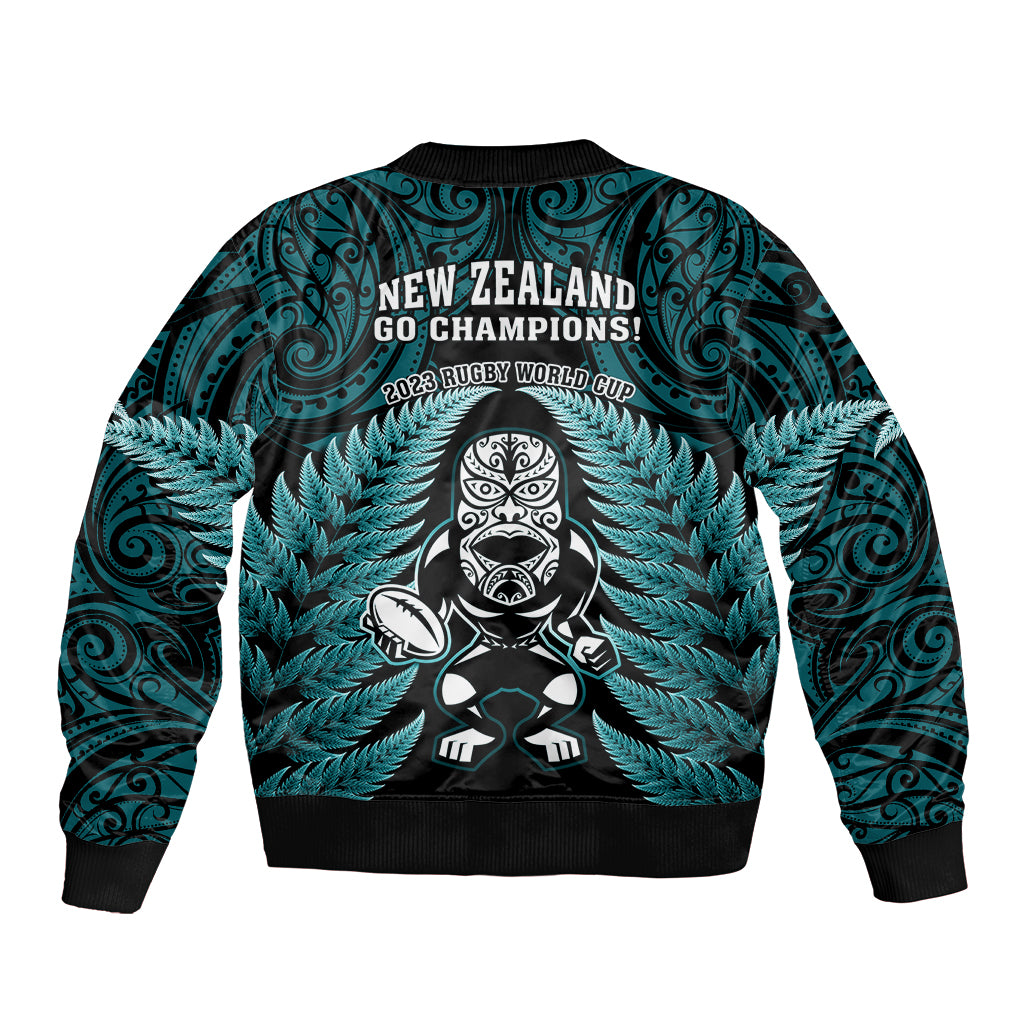 New Zealand Aotearoa Rugby Bomber Jacket NZ Tiki With Maori Fern World Cup Turquoise Version - Vibe Hoodie Shop