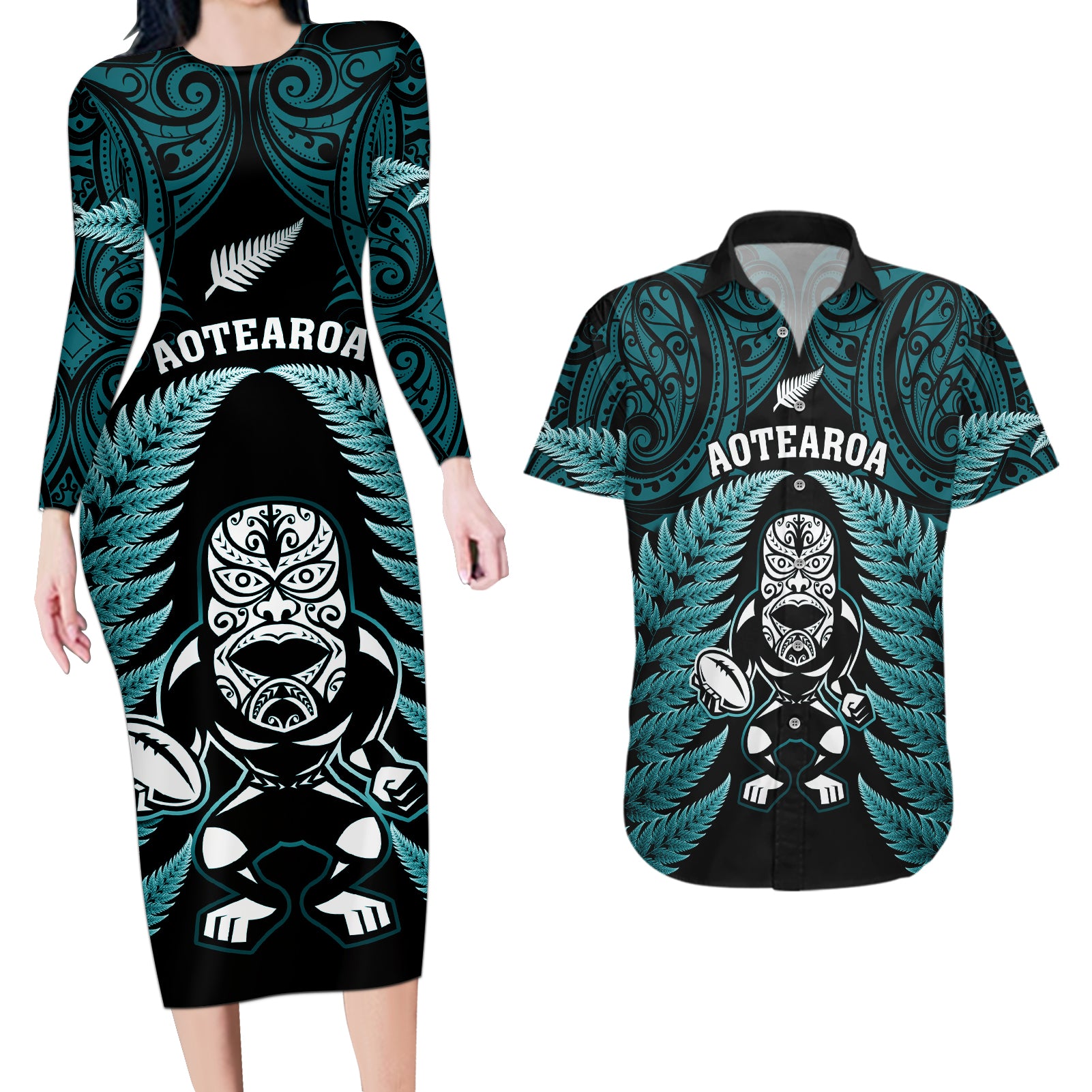 new-zealand-aotearoa-rugby-couples-matching-long-sleeve-bodycon-dress-and-hawaiian-shirt-nz-tiki-with-maori-fern-world-cup-turquoise-version