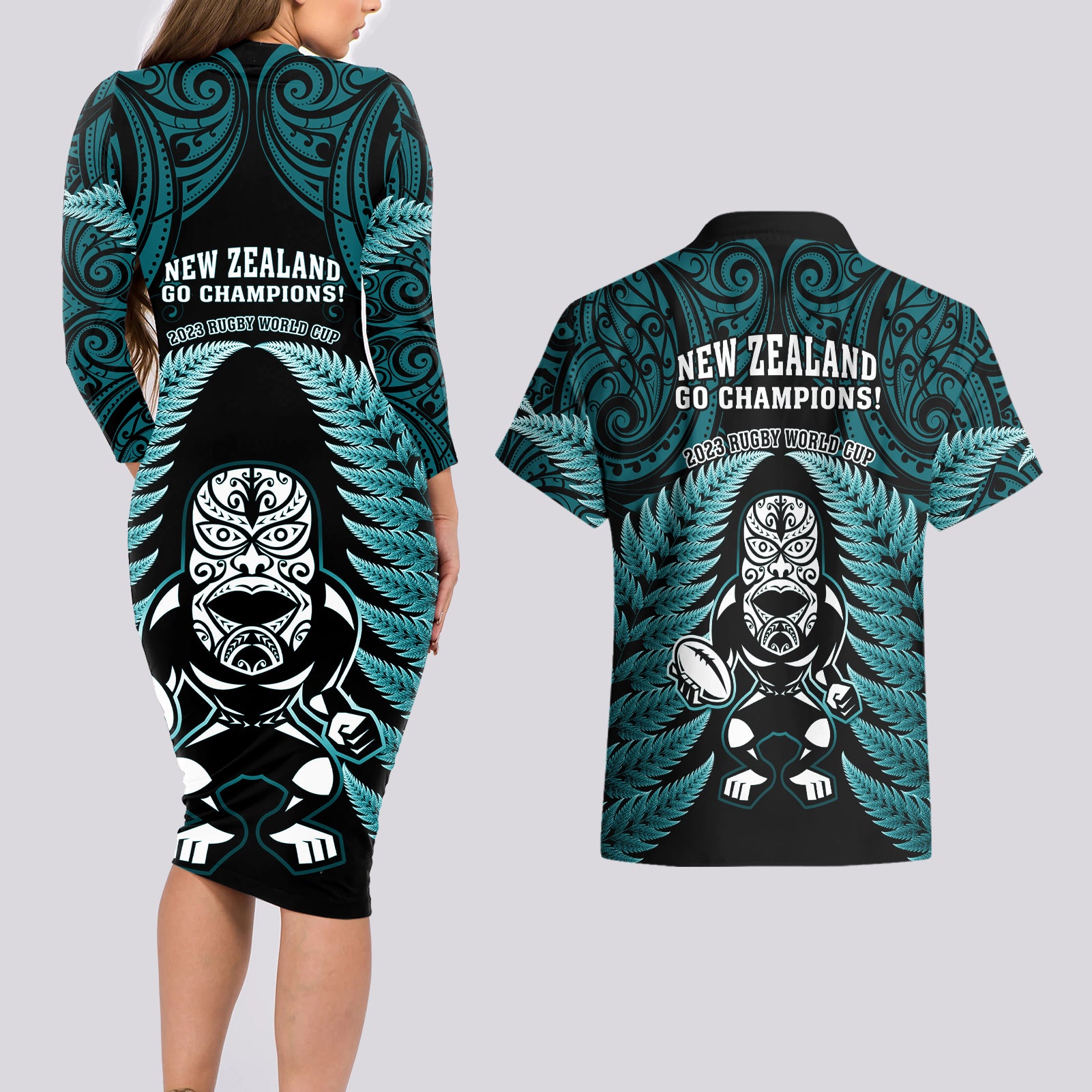 new-zealand-aotearoa-rugby-couples-matching-long-sleeve-bodycon-dress-and-hawaiian-shirt-nz-tiki-with-maori-fern-world-cup-turquoise-version