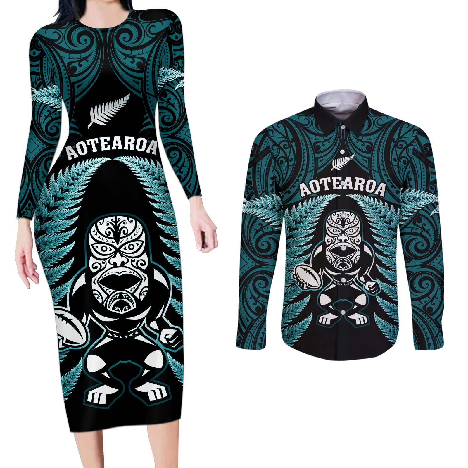 new-zealand-aotearoa-rugby-couples-matching-long-sleeve-bodycon-dress-and-long-sleeve-button-shirts-nz-tiki-with-maori-fern-world-cup-turquoise-version