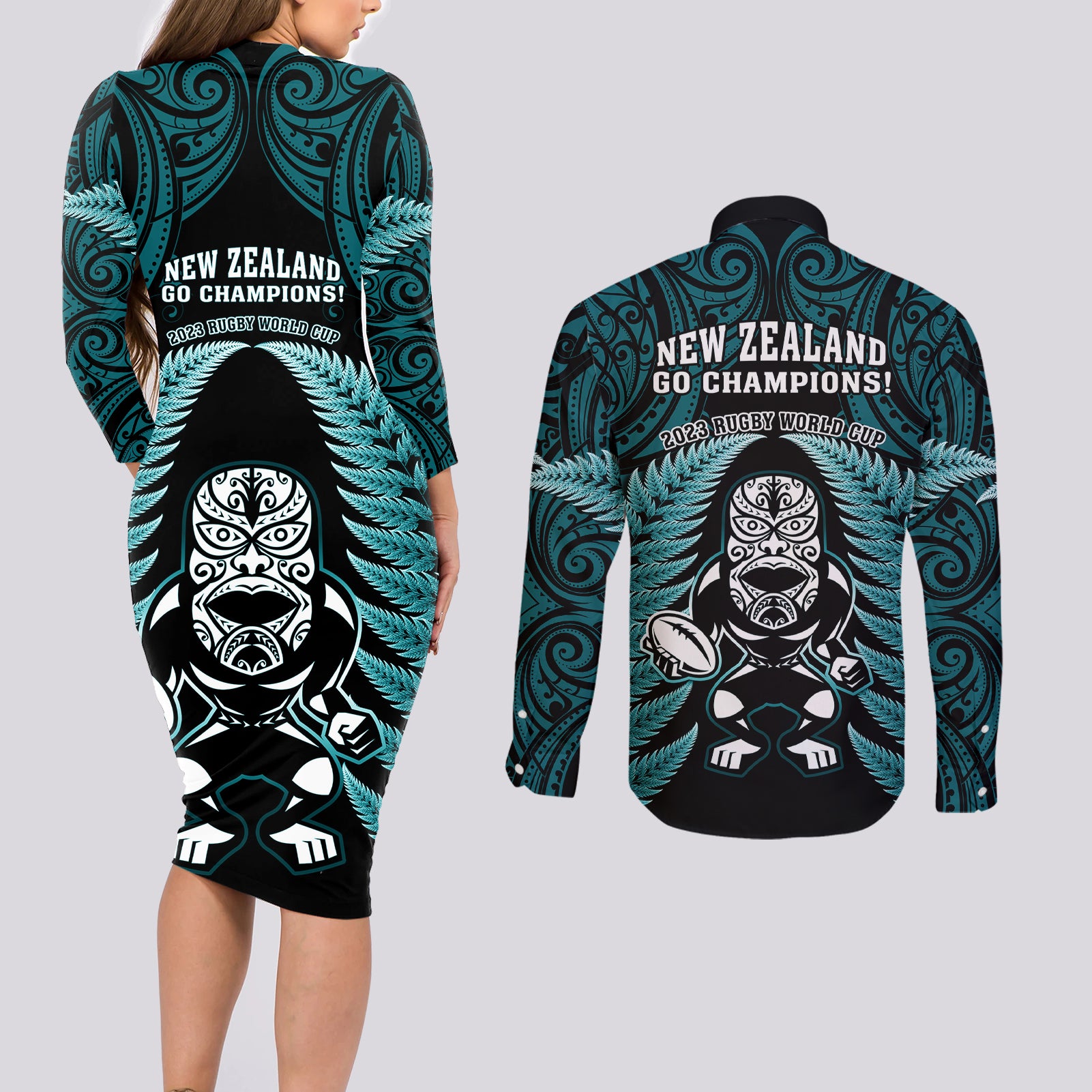 new-zealand-aotearoa-rugby-couples-matching-long-sleeve-bodycon-dress-and-long-sleeve-button-shirts-nz-tiki-with-maori-fern-world-cup-turquoise-version