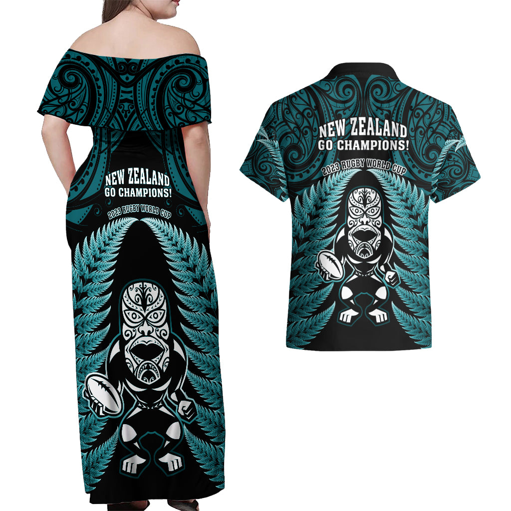 new-zealand-aotearoa-rugby-couples-matching-off-shoulder-maxi-dress-and-hawaiian-shirt-nz-tiki-with-maori-fern-world-cup-turquoise-version