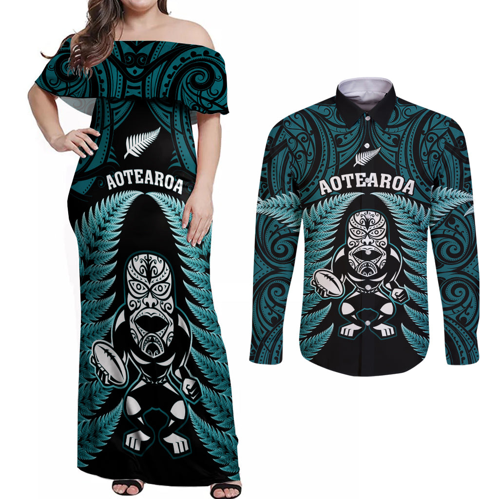 new-zealand-aotearoa-rugby-couples-matching-off-shoulder-maxi-dress-and-long-sleeve-button-shirts-nz-tiki-with-maori-fern-world-cup-turquoise-version
