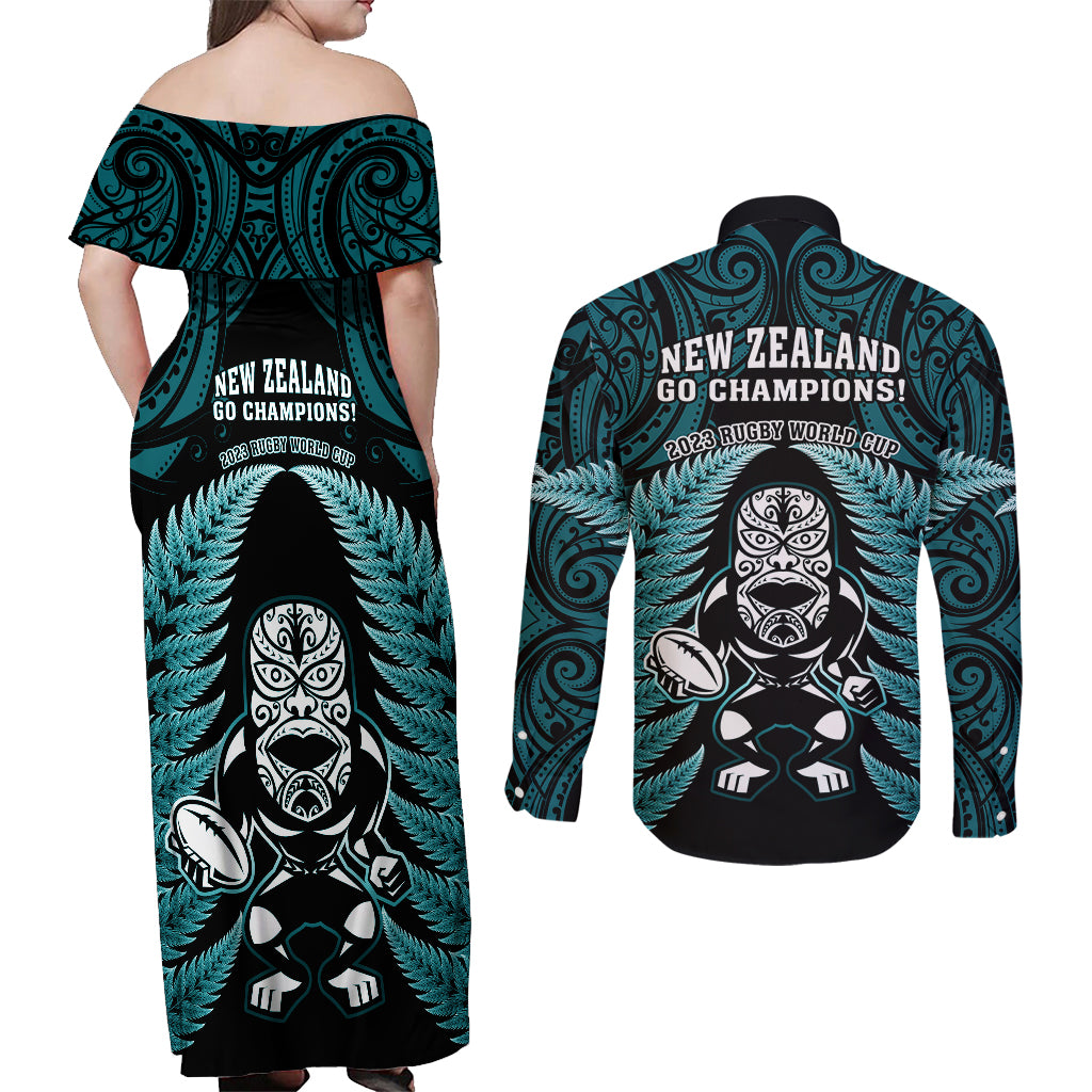 new-zealand-aotearoa-rugby-couples-matching-off-shoulder-maxi-dress-and-long-sleeve-button-shirts-nz-tiki-with-maori-fern-world-cup-turquoise-version