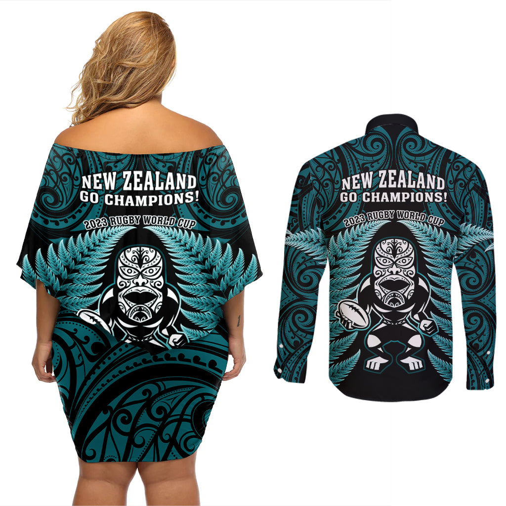 new-zealand-aotearoa-rugby-couples-matching-off-shoulder-short-dress-and-long-sleeve-button-shirts-nz-tiki-with-maori-fern-world-cup-turquoise-version