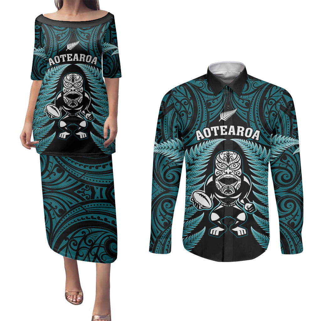 new-zealand-aotearoa-rugby-couples-matching-puletasi-dress-and-long-sleeve-button-shirts-nz-tiki-with-maori-fern-world-cup-turquoise-version