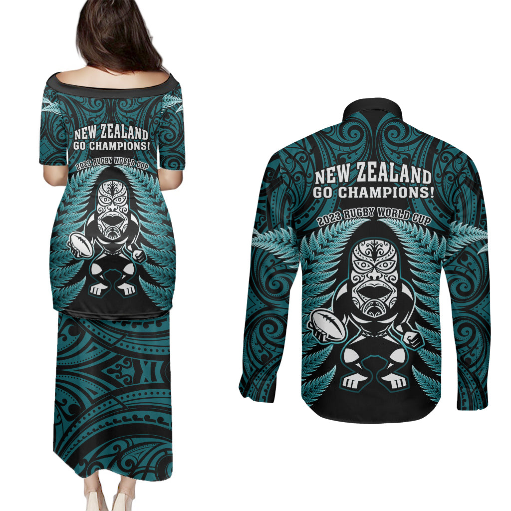 new-zealand-aotearoa-rugby-couples-matching-puletasi-dress-and-long-sleeve-button-shirts-nz-tiki-with-maori-fern-world-cup-turquoise-version
