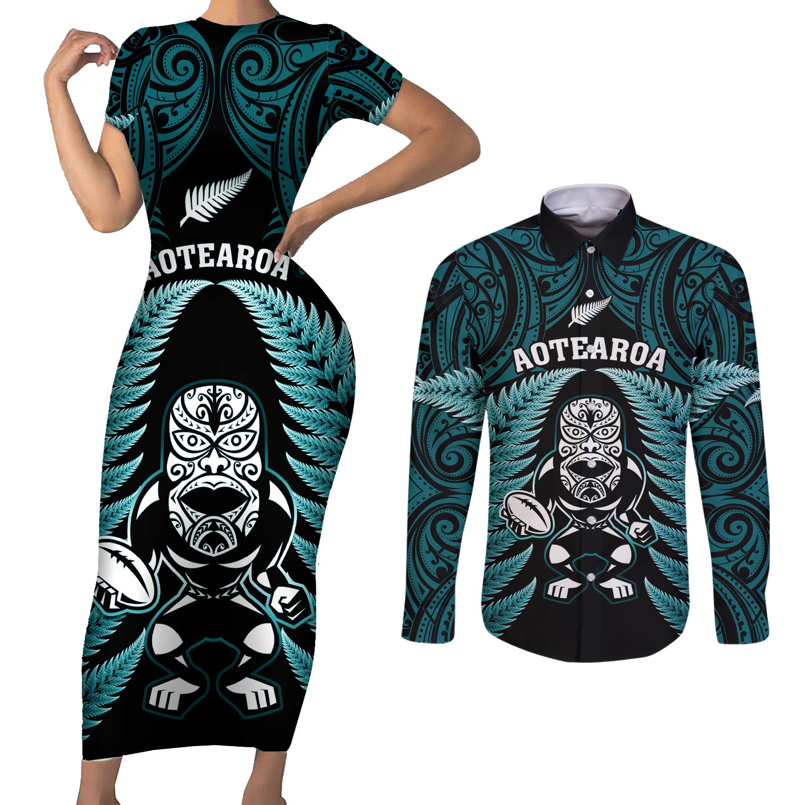 new-zealand-aotearoa-rugby-couples-matching-short-sleeve-bodycon-dress-and-long-sleeve-button-shirts-nz-tiki-with-maori-fern-world-cup-turquoise-version