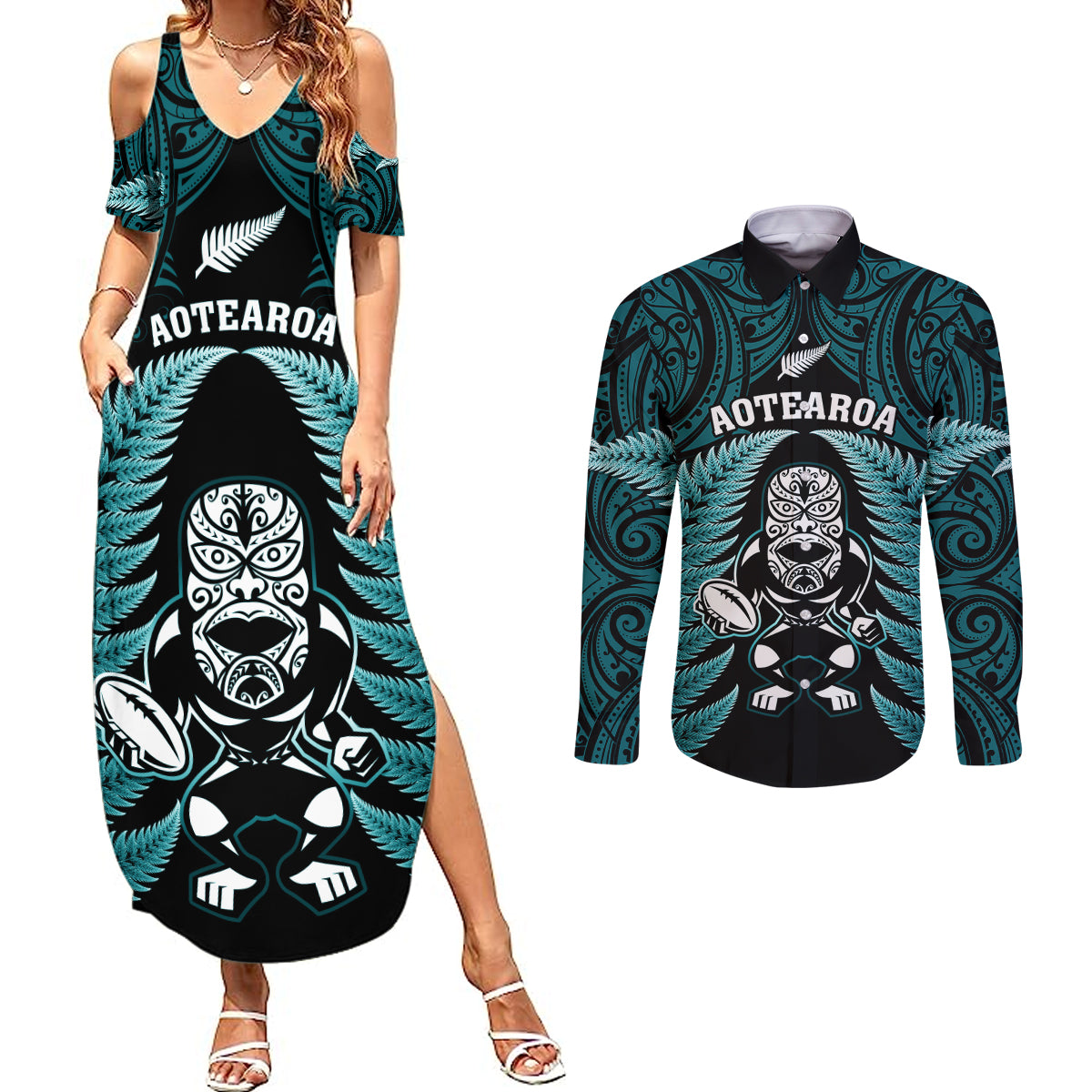 new-zealand-aotearoa-rugby-couples-matching-summer-maxi-dress-and-long-sleeve-button-shirts-nz-tiki-with-maori-fern-world-cup-turquoise-version