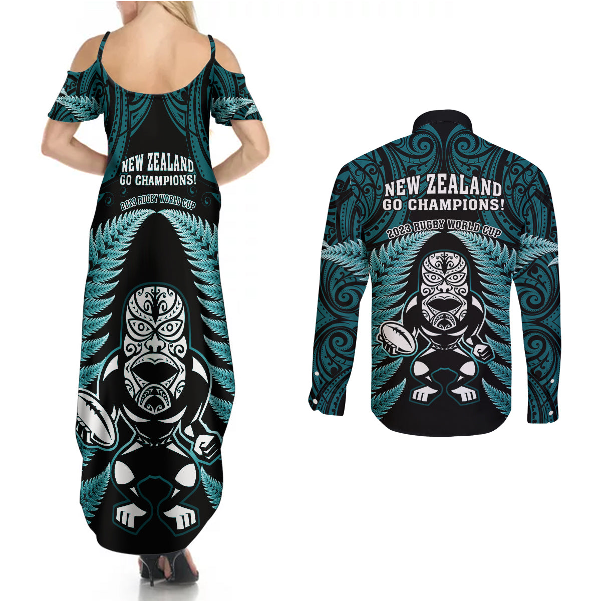 new-zealand-aotearoa-rugby-couples-matching-summer-maxi-dress-and-long-sleeve-button-shirts-nz-tiki-with-maori-fern-world-cup-turquoise-version
