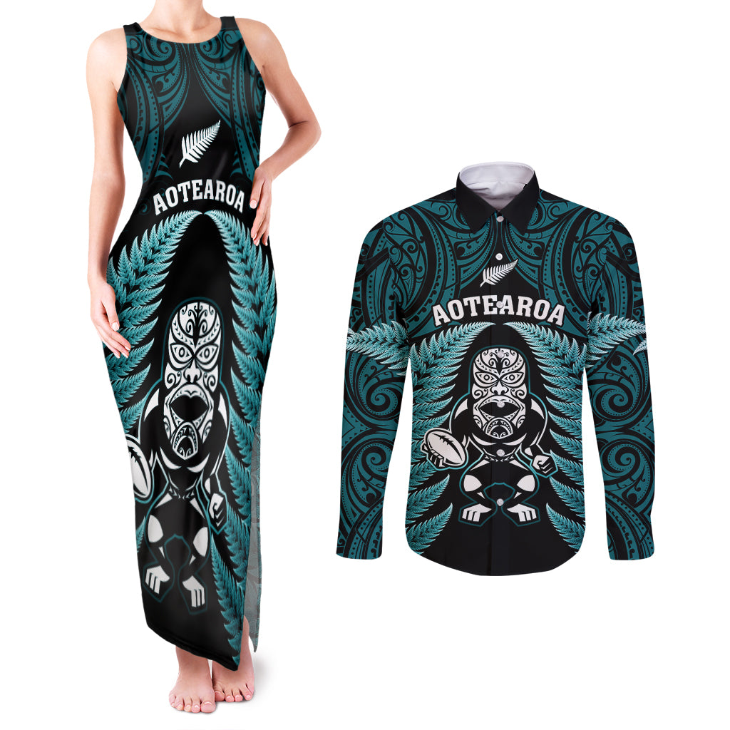 new-zealand-aotearoa-rugby-couples-matching-tank-maxi-dress-and-long-sleeve-button-shirts-nz-tiki-with-maori-fern-world-cup-turquoise-version