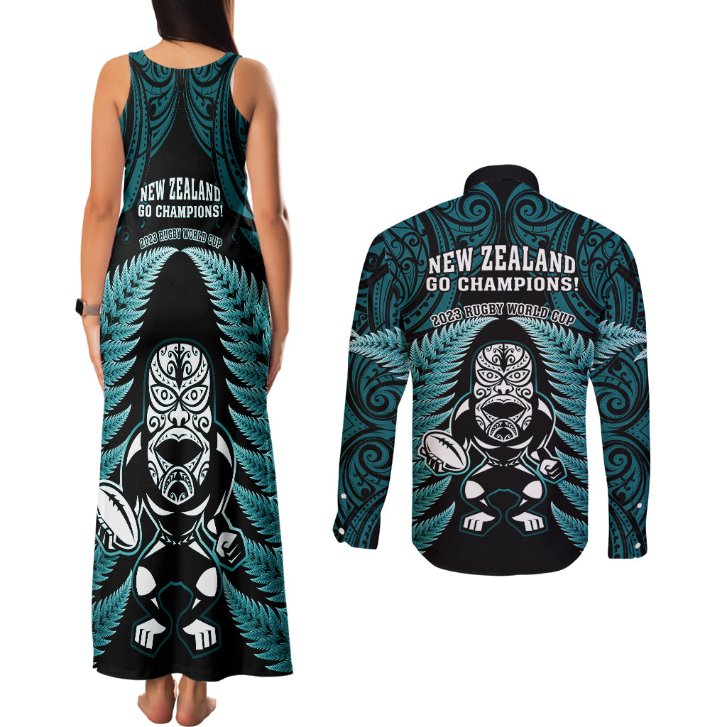 new-zealand-aotearoa-rugby-couples-matching-tank-maxi-dress-and-long-sleeve-button-shirts-nz-tiki-with-maori-fern-world-cup-turquoise-version
