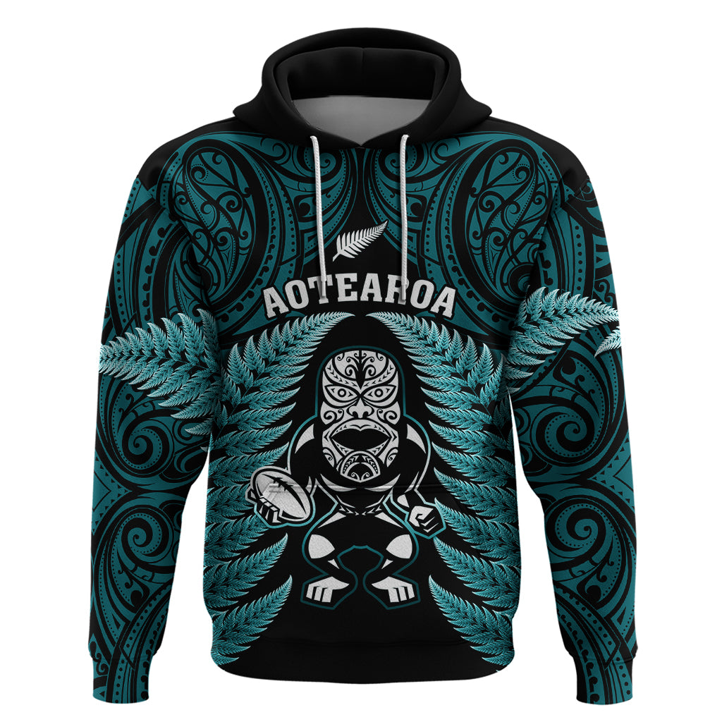 New Zealand Aotearoa Rugby Hoodie NZ Tiki With Maori Fern World Cup Turquoise Version - Vibe Hoodie Shop