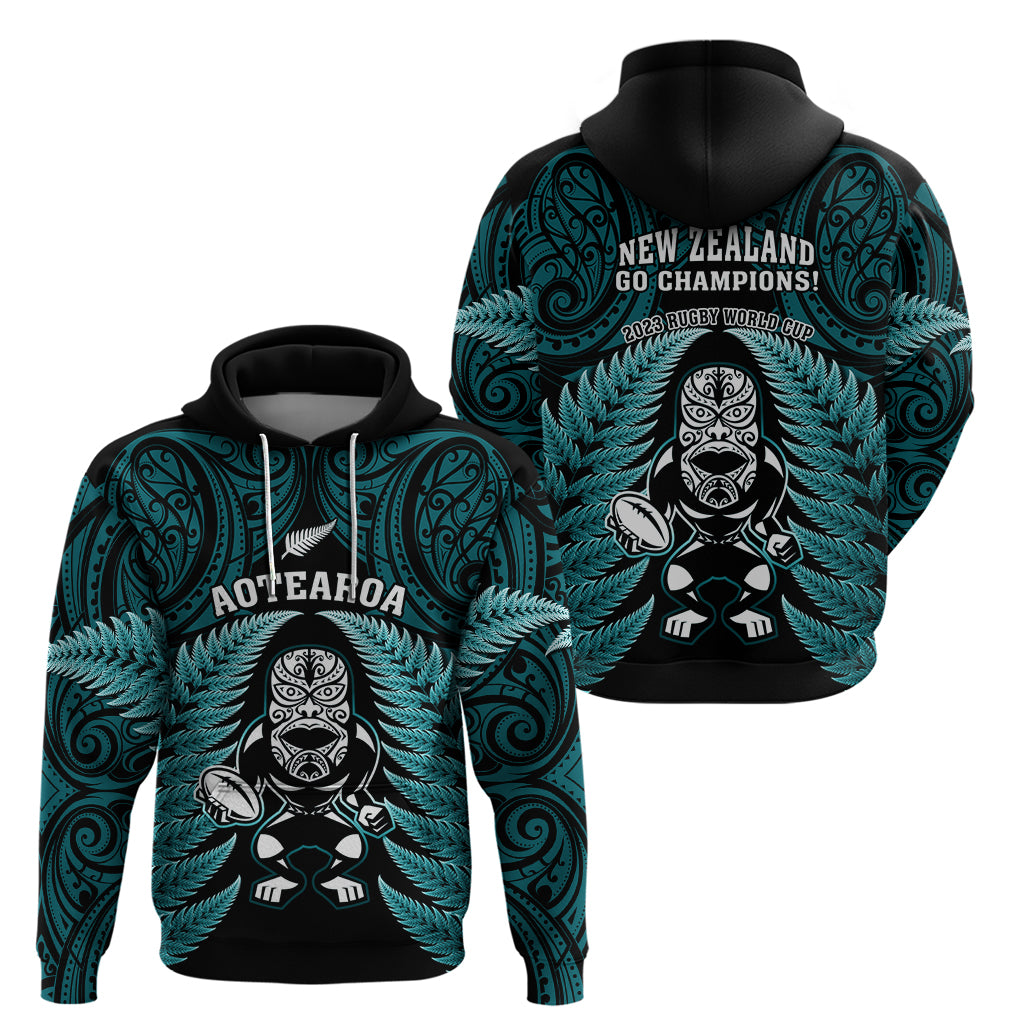 New Zealand Aotearoa Rugby Hoodie NZ Tiki With Maori Fern World Cup Turquoise Version - Vibe Hoodie Shop