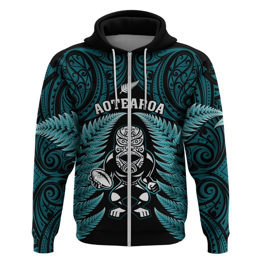 New Zealand Aotearoa Rugby Hoodie NZ Tiki With Maori Fern World Cup Turquoise Version - Vibe Hoodie Shop