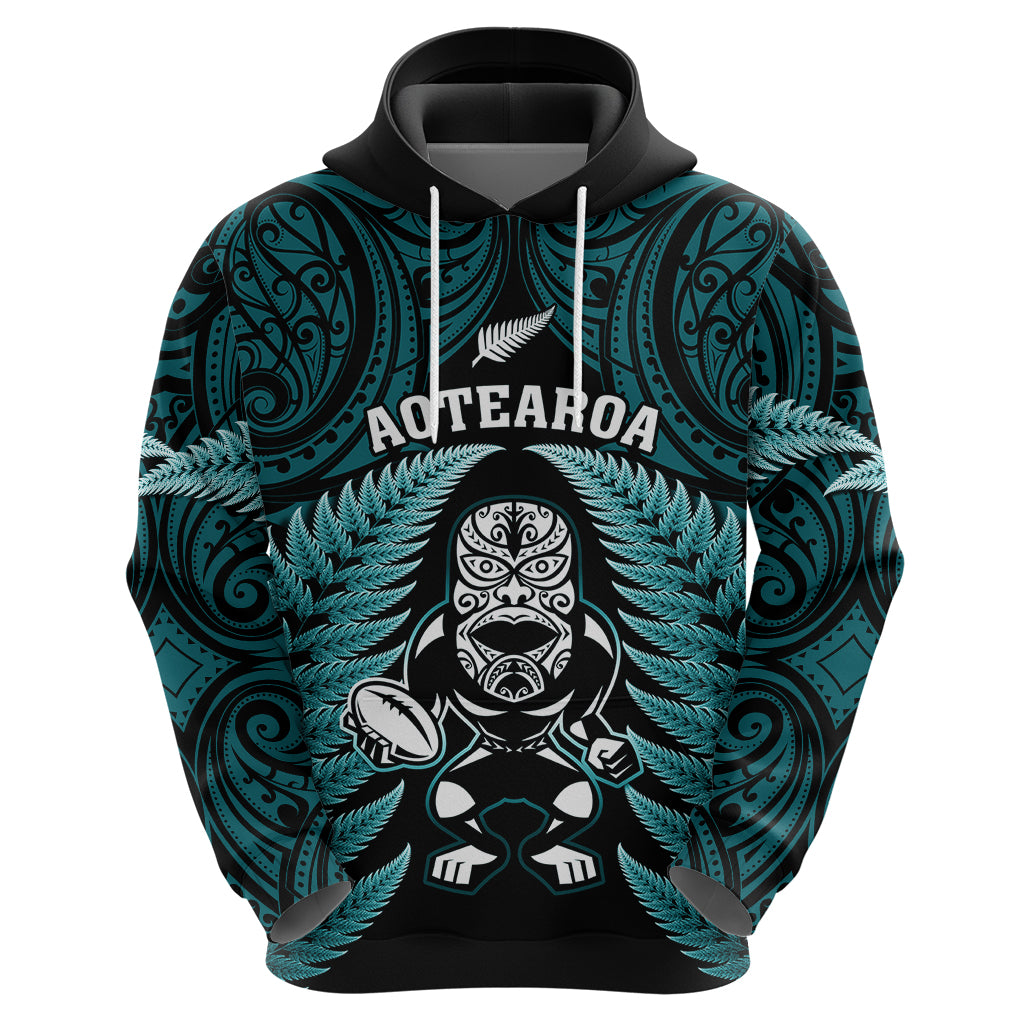 New Zealand Aotearoa Rugby Hoodie NZ Tiki With Maori Fern World Cup Turquoise Version - Vibe Hoodie Shop