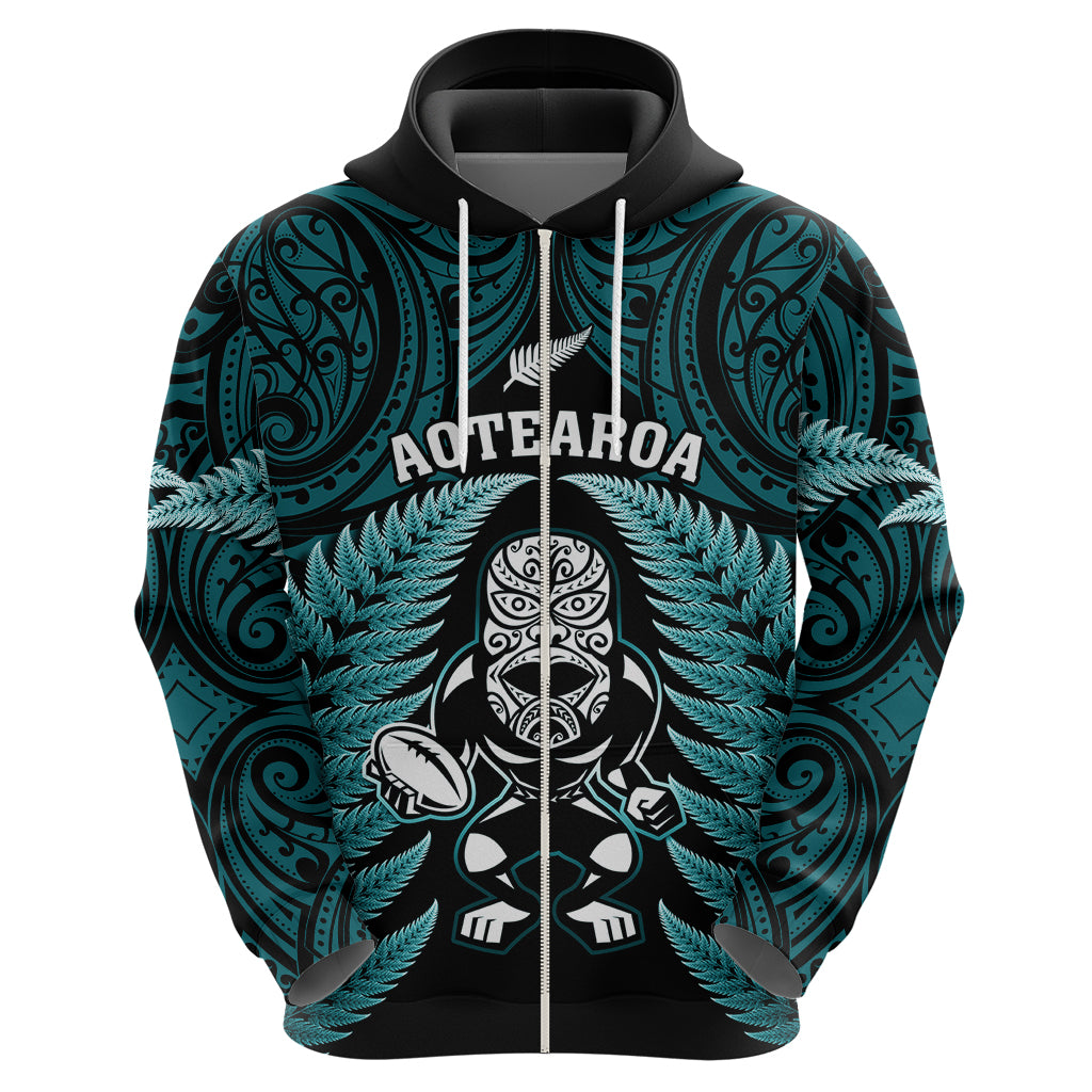 New Zealand Aotearoa Rugby Hoodie NZ Tiki With Maori Fern World Cup Turquoise Version - Vibe Hoodie Shop