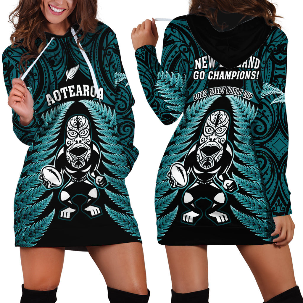 New Zealand Aotearoa Rugby Hoodie Dress NZ Tiki With Maori Fern World Cup Turquoise Version - Vibe Hoodie Shop
