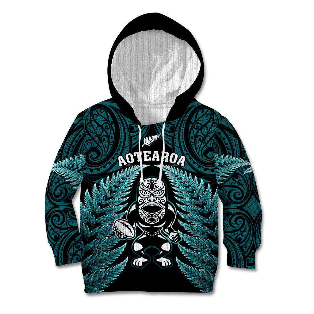 New Zealand Aotearoa Rugby Kid Hoodie NZ Tiki With Maori Fern World Cup Turquoise Version - Vibe Hoodie Shop