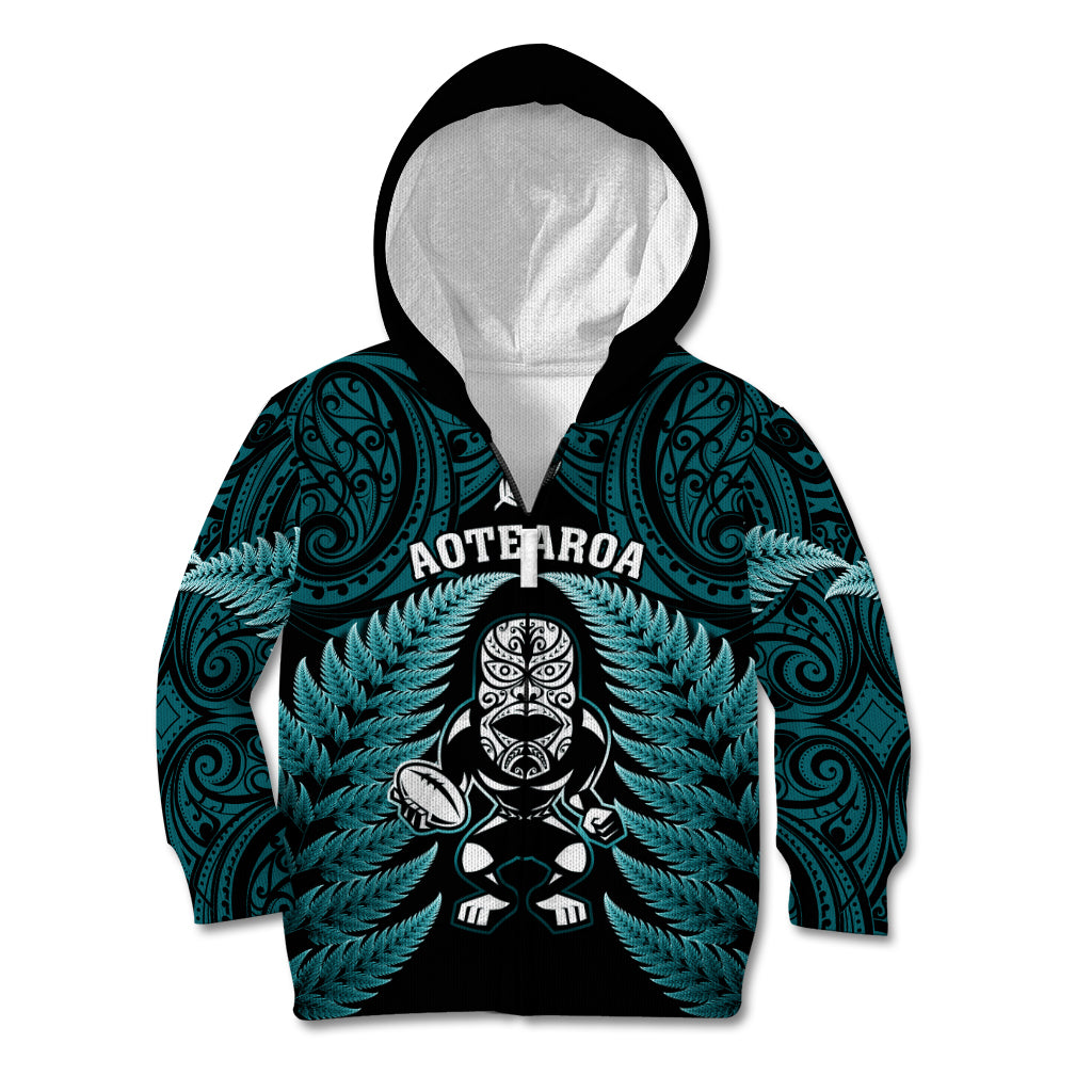New Zealand Aotearoa Rugby Kid Hoodie NZ Tiki With Maori Fern World Cup Turquoise Version - Vibe Hoodie Shop