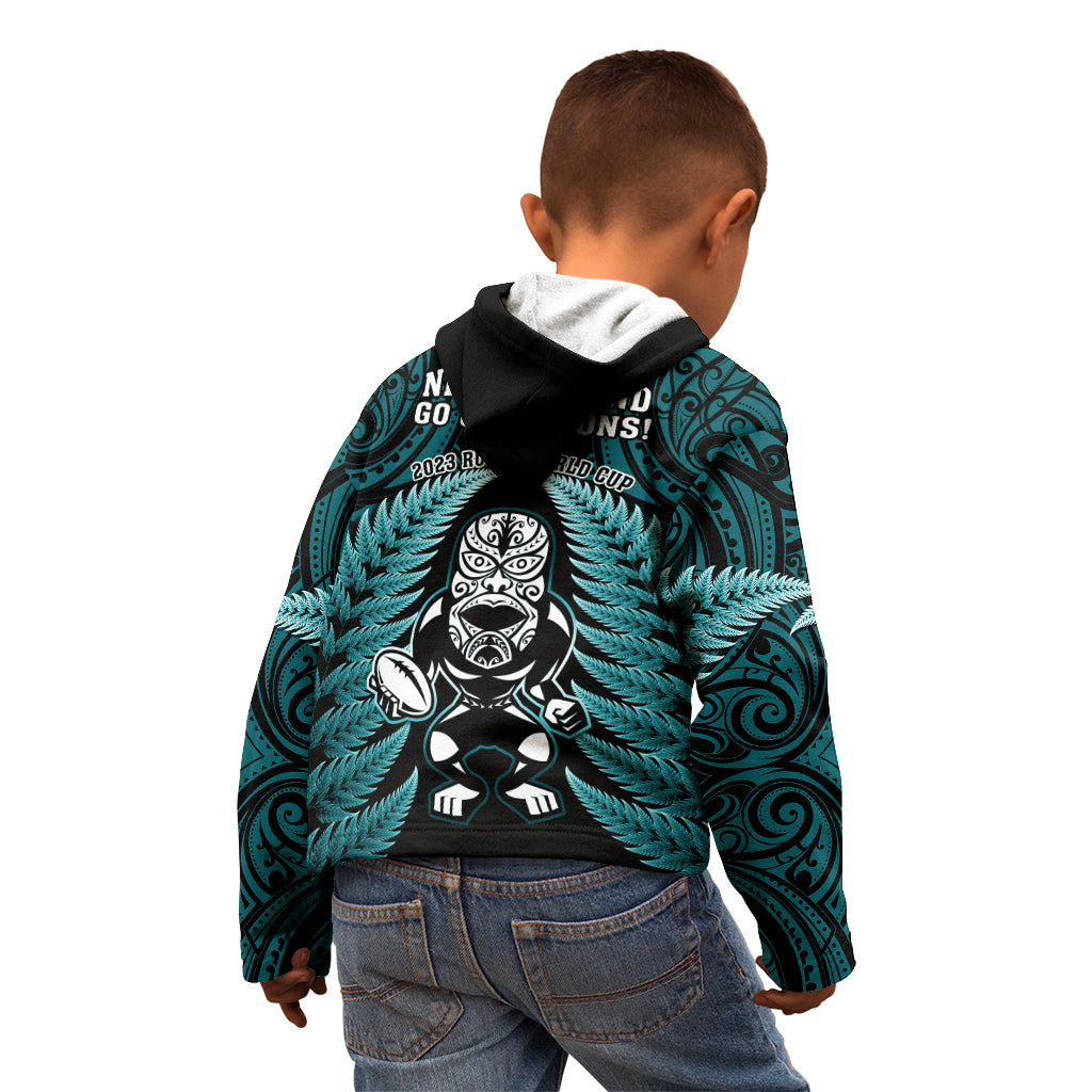 New Zealand Aotearoa Rugby Kid Hoodie NZ Tiki With Maori Fern World Cup Turquoise Version - Vibe Hoodie Shop