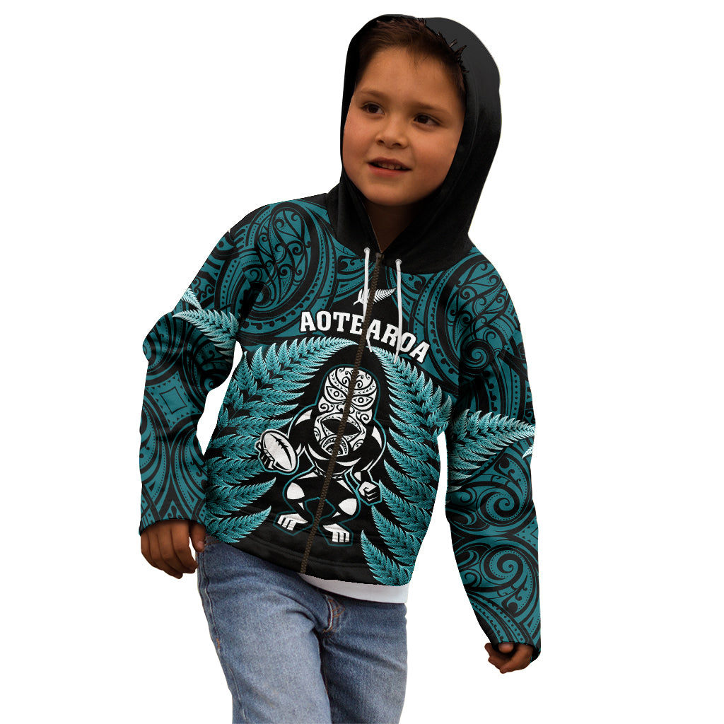 New Zealand Aotearoa Rugby Kid Hoodie NZ Tiki With Maori Fern World Cup Turquoise Version - Vibe Hoodie Shop