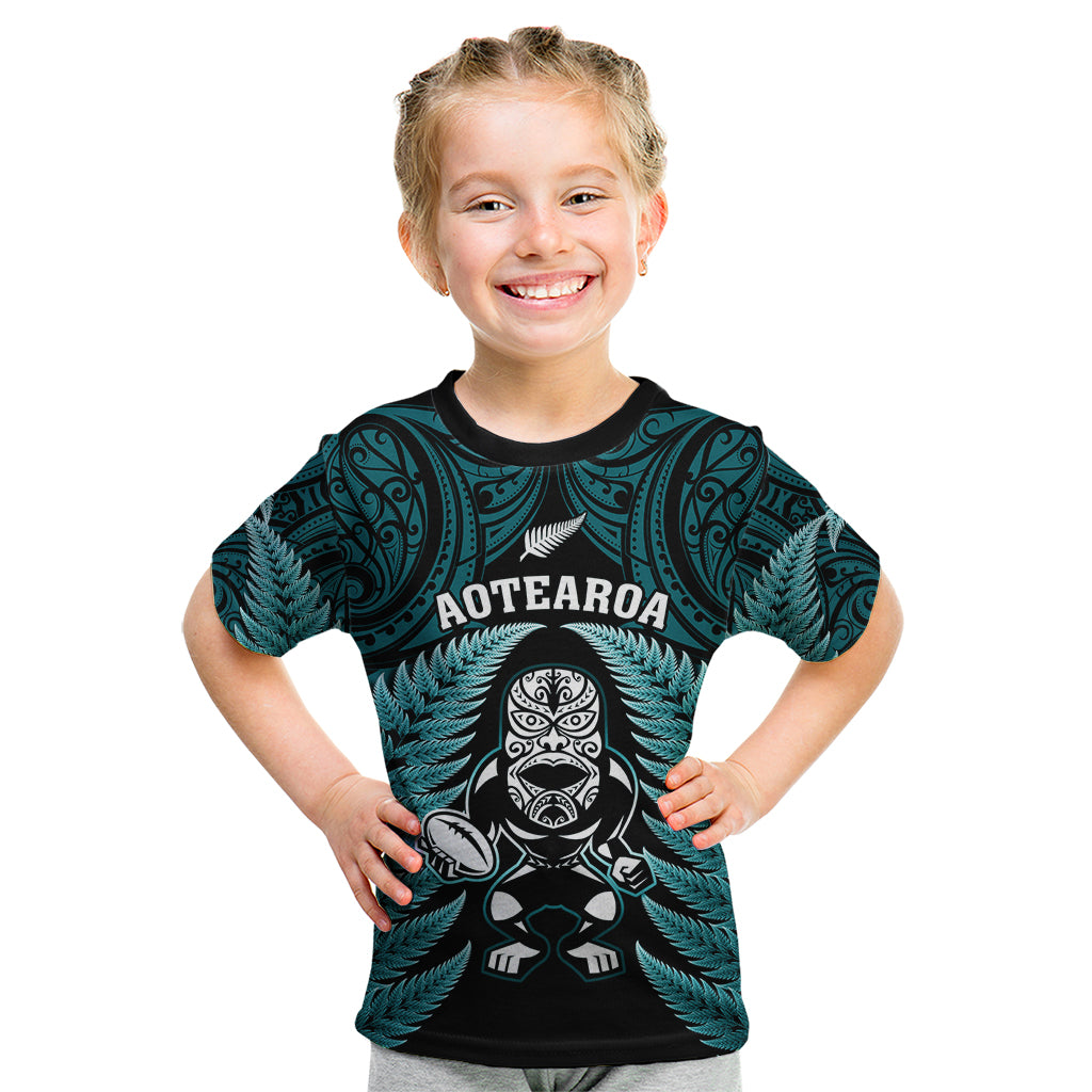New Zealand Aotearoa Rugby Kid T Shirt NZ Tiki With Maori Fern World Cup Turquoise Version - Vibe Hoodie Shop
