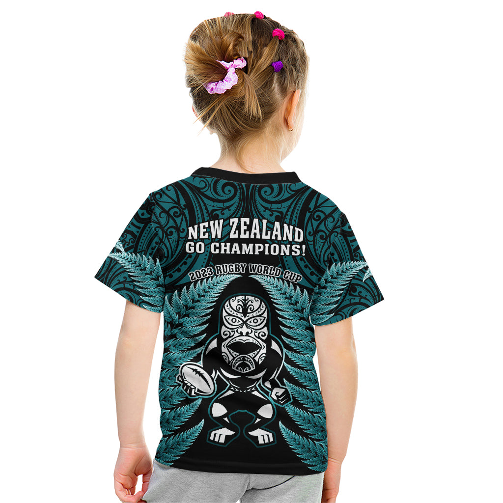 New Zealand Aotearoa Rugby Kid T Shirt NZ Tiki With Maori Fern World Cup Turquoise Version - Vibe Hoodie Shop