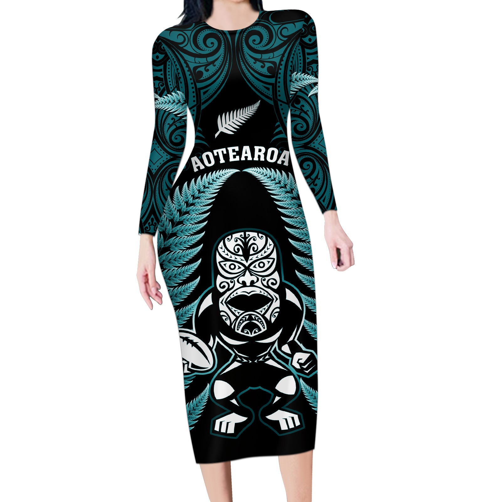 new-zealand-aotearoa-rugby-long-sleeve-bodycon-dress-nz-tiki-with-maori-fern-world-cup-turquoise-version