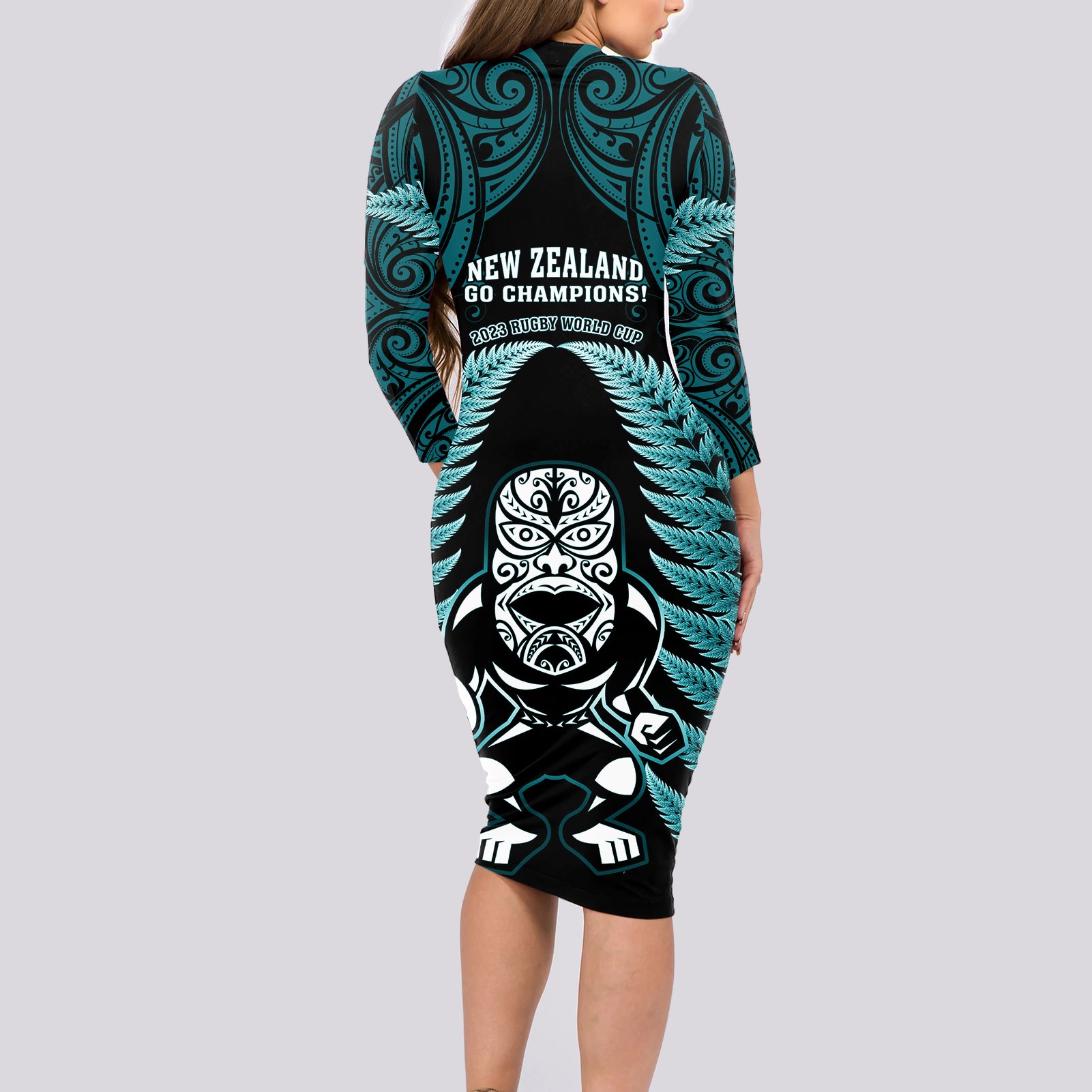 new-zealand-aotearoa-rugby-long-sleeve-bodycon-dress-nz-tiki-with-maori-fern-world-cup-turquoise-version