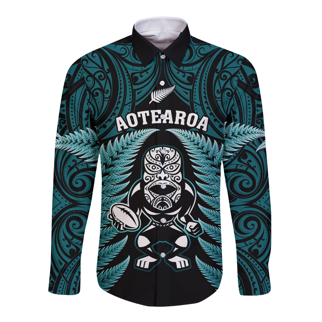 New Zealand Aotearoa Rugby Long Sleeve Button Shirt NZ Tiki With Maori Fern World Cup Turquoise Version - Vibe Hoodie Shop