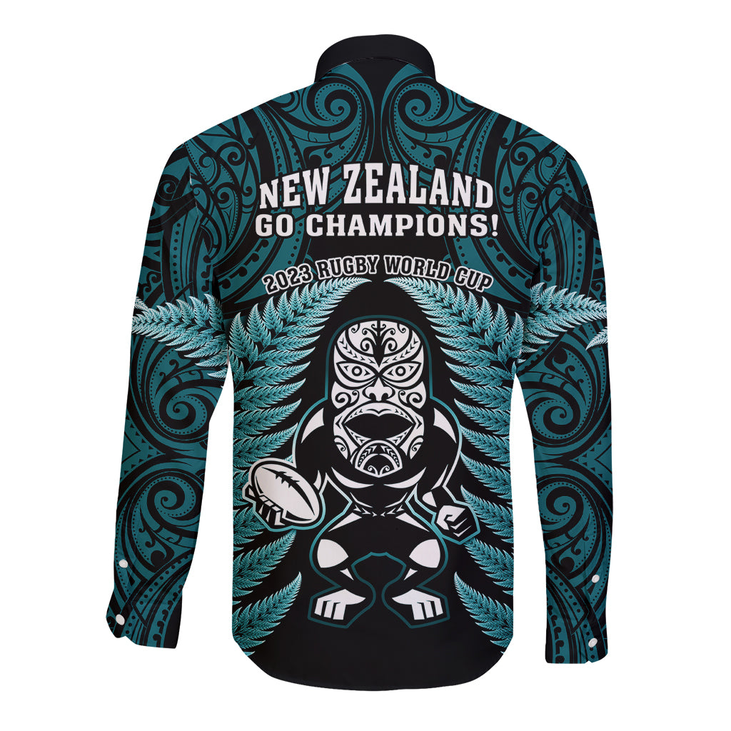 New Zealand Aotearoa Rugby Long Sleeve Button Shirt NZ Tiki With Maori Fern World Cup Turquoise Version - Vibe Hoodie Shop