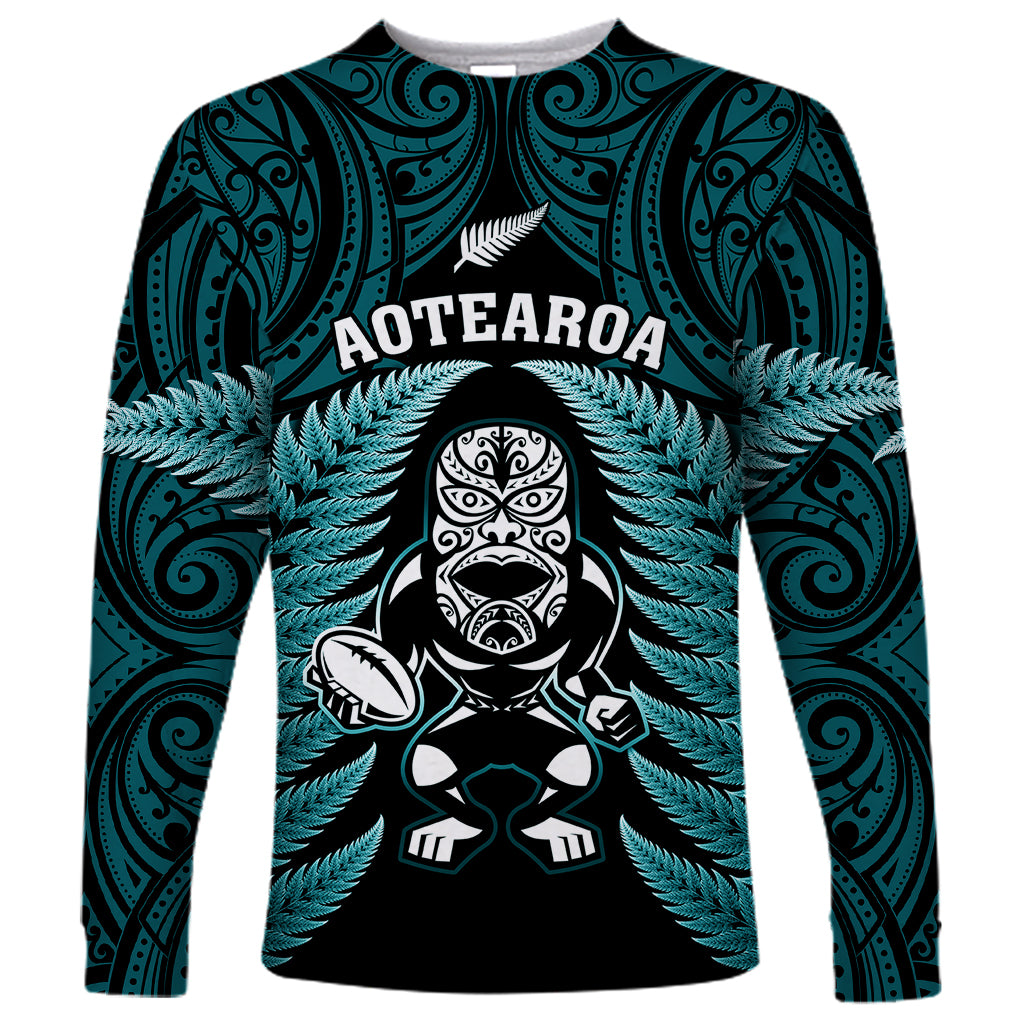 New Zealand Aotearoa Rugby Long Sleeve Shirt NZ Tiki With Maori Fern World Cup Turquoise Version - Vibe Hoodie Shop