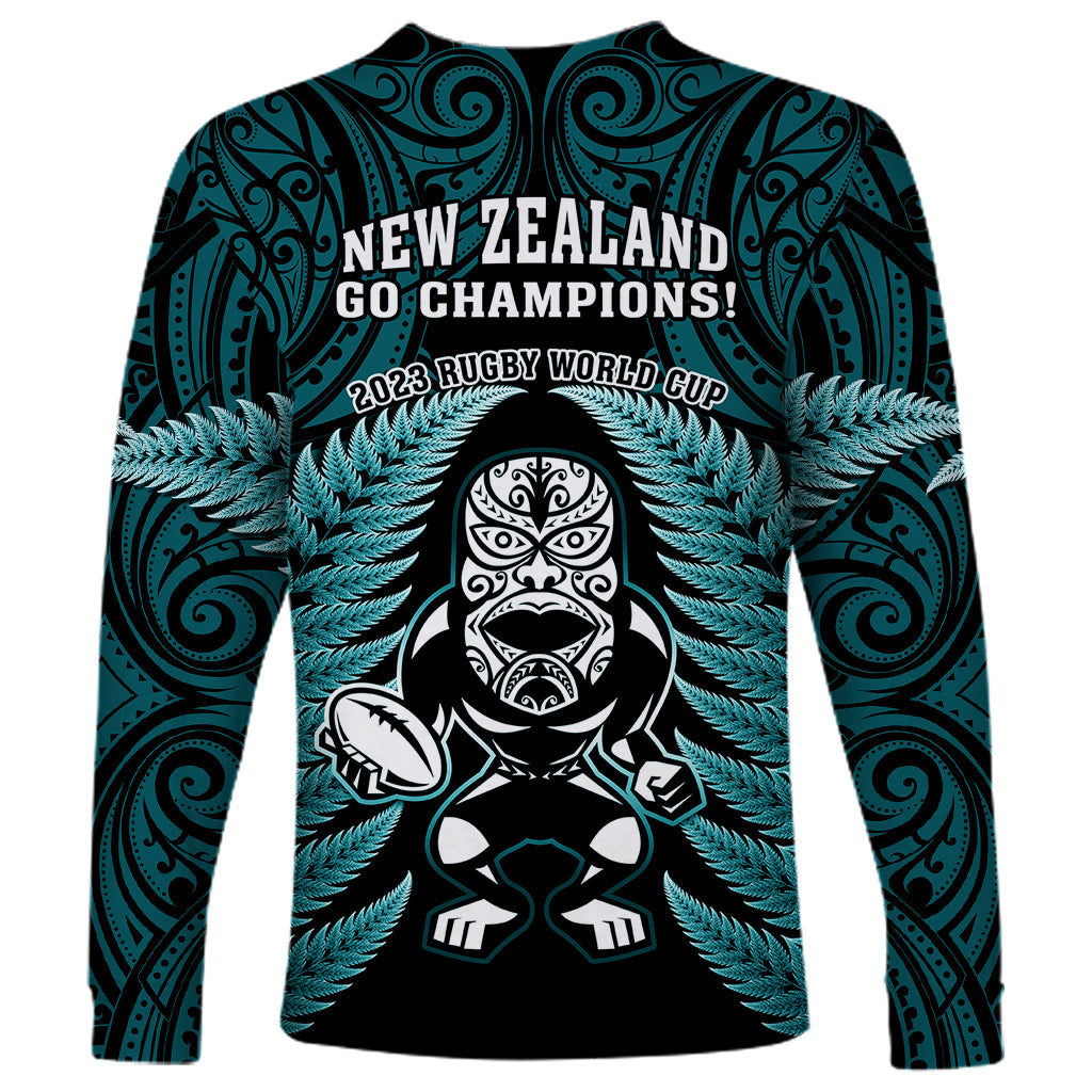 New Zealand Aotearoa Rugby Long Sleeve Shirt NZ Tiki With Maori Fern World Cup Turquoise Version - Vibe Hoodie Shop