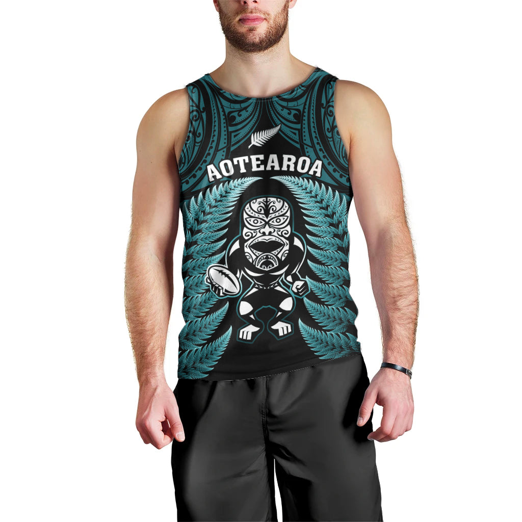 New Zealand Aotearoa Rugby Men Tank Top NZ Tiki With Maori Fern World Cup Turquoise Version - Vibe Hoodie Shop