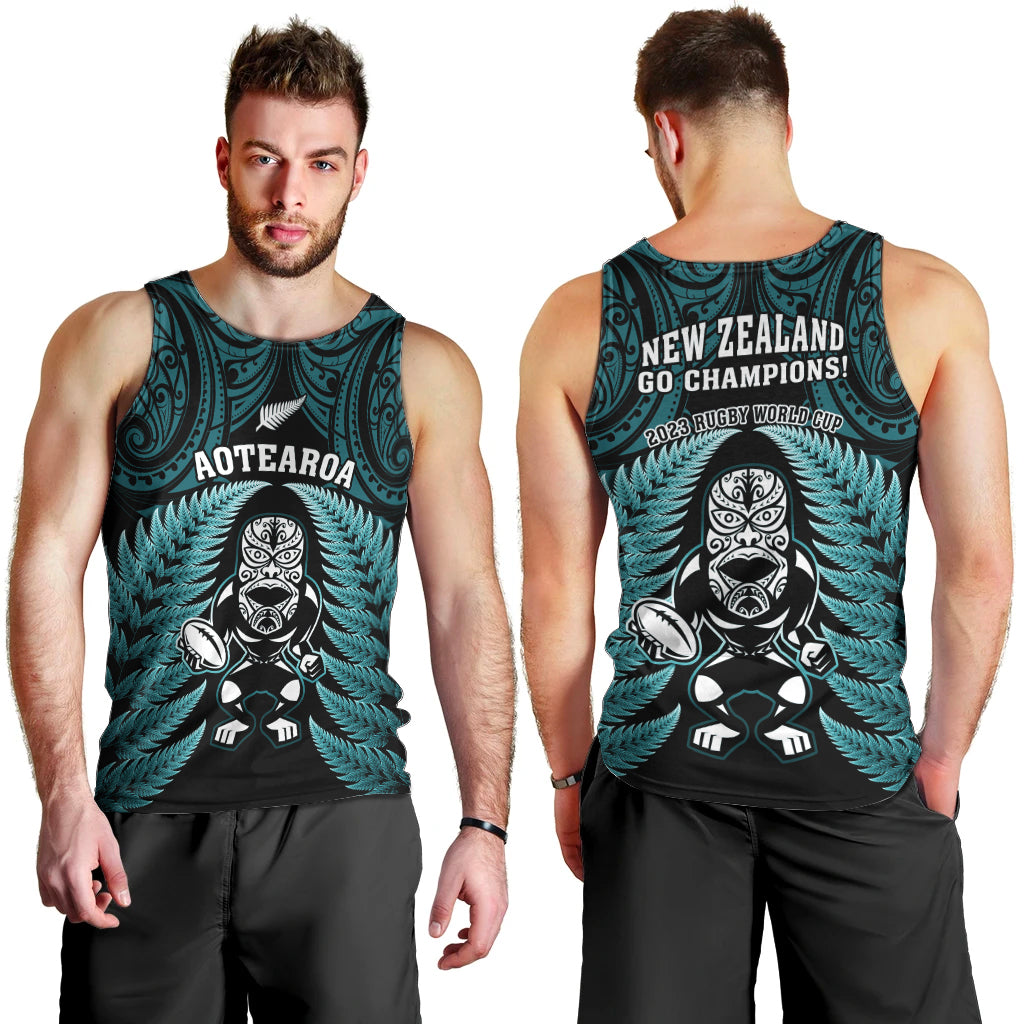 New Zealand Aotearoa Rugby Men Tank Top NZ Tiki With Maori Fern World Cup Turquoise Version - Vibe Hoodie Shop