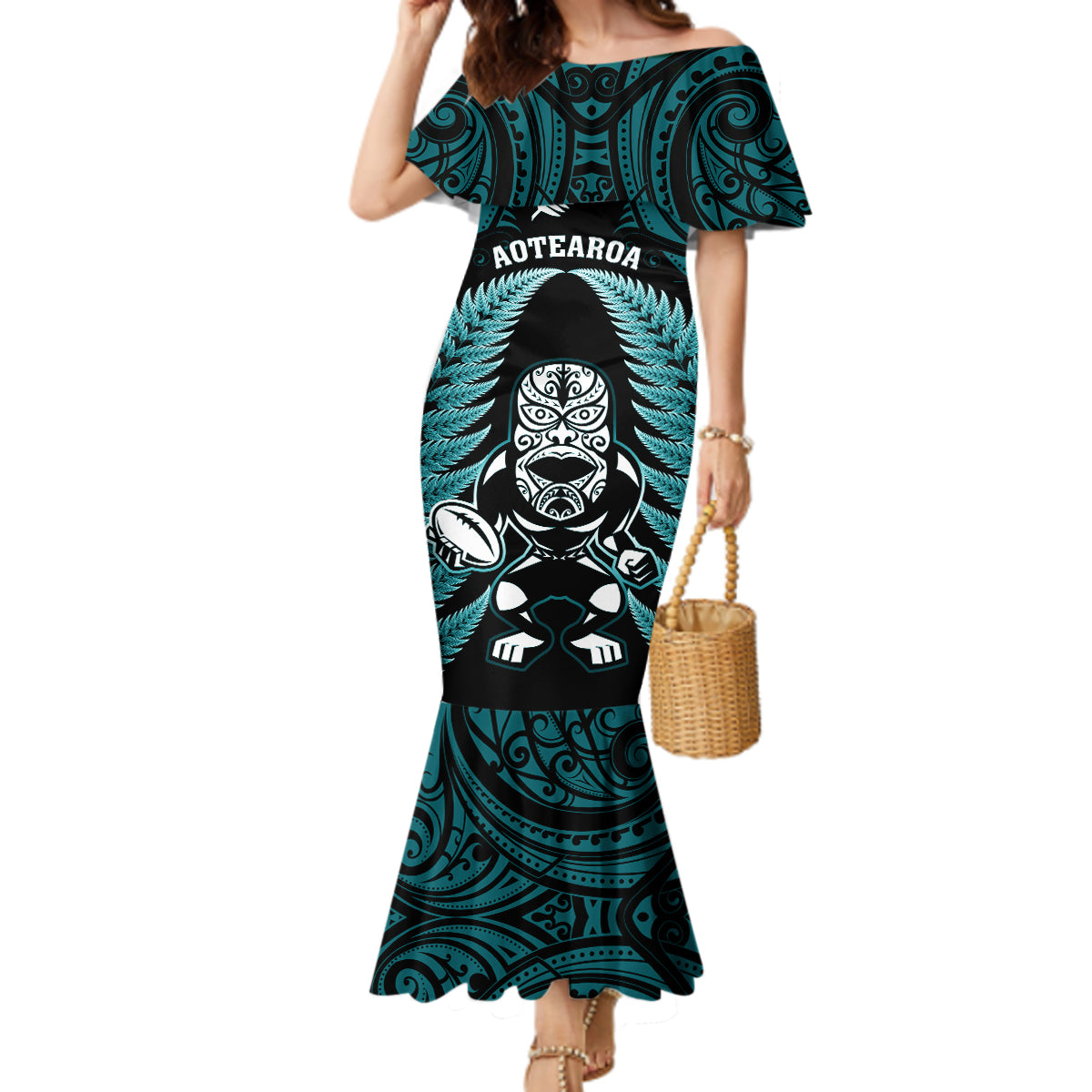 new-zealand-aotearoa-rugby-mermaid-dress-nz-tiki-with-maori-fern-world-cup-turquoise-version