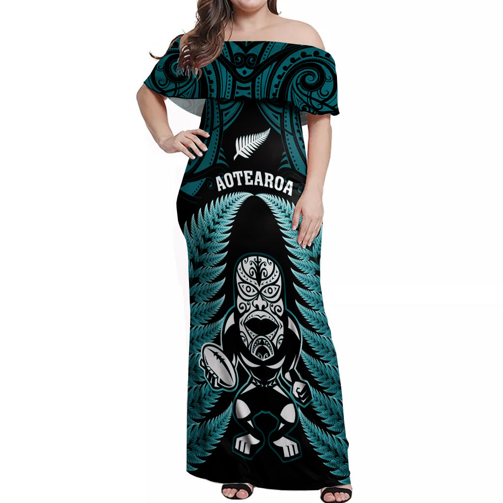 New Zealand Aotearoa Rugby Off Shoulder Maxi Dress NZ Tiki With Maori Fern World Cup Turquoise Version - Vibe Hoodie Shop