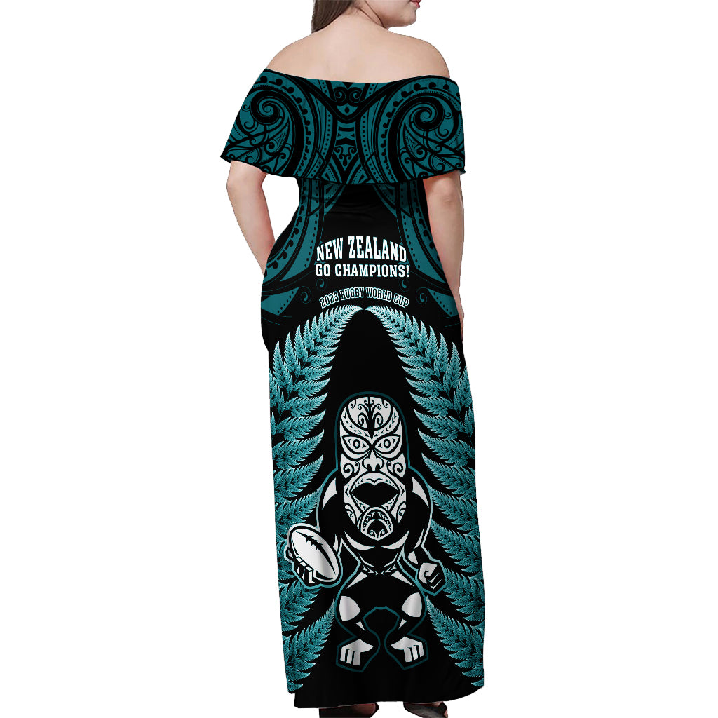 New Zealand Aotearoa Rugby Off Shoulder Maxi Dress NZ Tiki With Maori Fern World Cup Turquoise Version - Vibe Hoodie Shop
