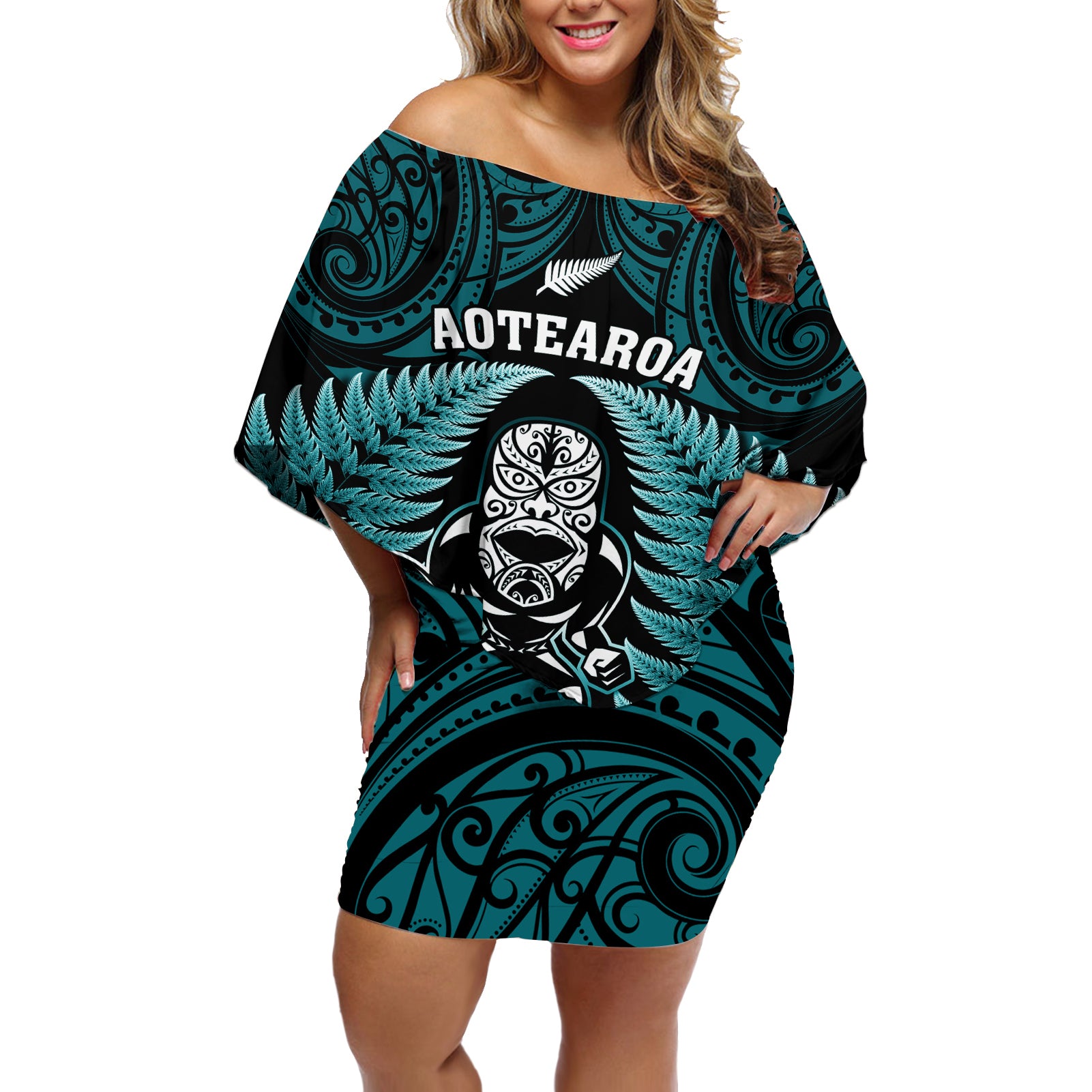 new-zealand-aotearoa-rugby-off-shoulder-short-dress-nz-tiki-with-maori-fern-world-cup-turquoise-version