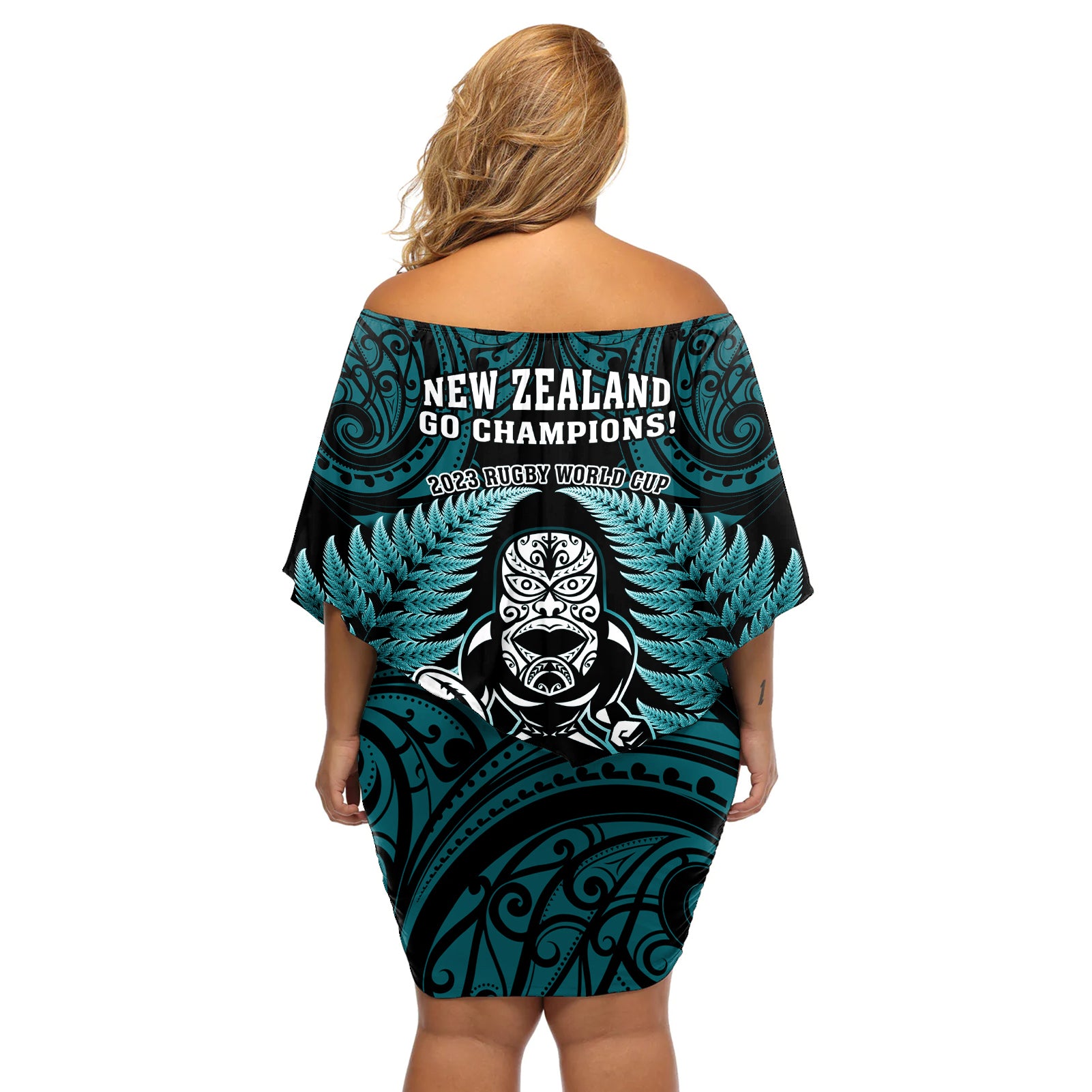 new-zealand-aotearoa-rugby-off-shoulder-short-dress-nz-tiki-with-maori-fern-world-cup-turquoise-version
