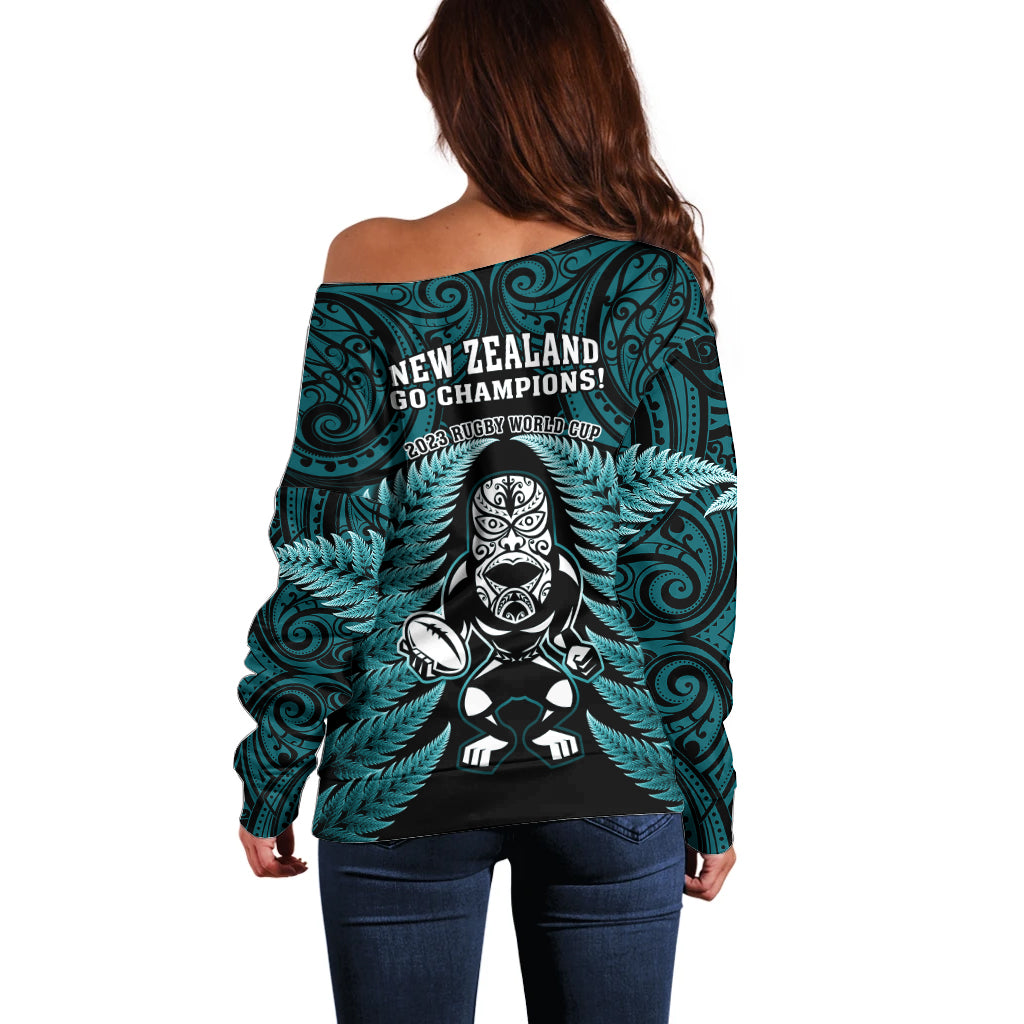 New Zealand Aotearoa Rugby Off Shoulder Sweater NZ Tiki With Maori Fern World Cup Turquoise Version - Vibe Hoodie Shop