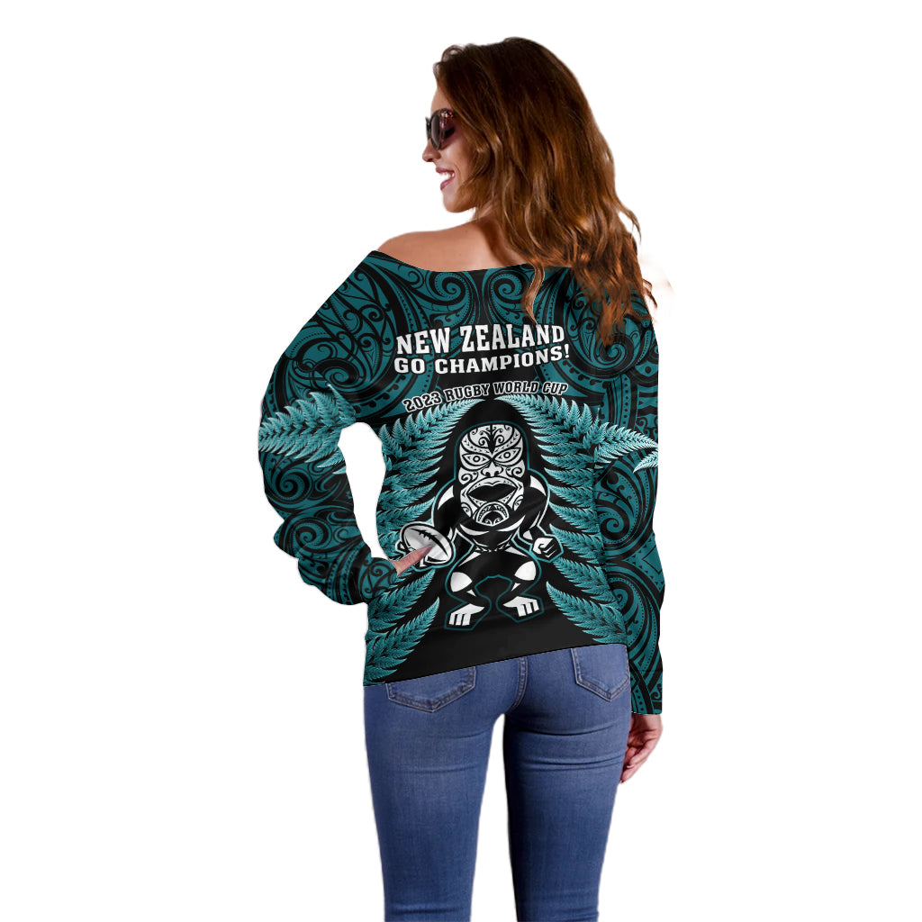 New Zealand Aotearoa Rugby Off Shoulder Sweater NZ Tiki With Maori Fern World Cup Turquoise Version - Vibe Hoodie Shop