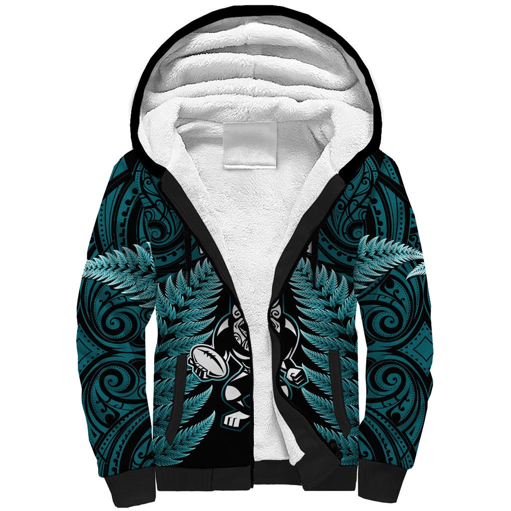 New Zealand Aotearoa Rugby Sherpa Hoodie NZ Tiki With Maori Fern World Cup Turquoise Version - Vibe Hoodie Shop