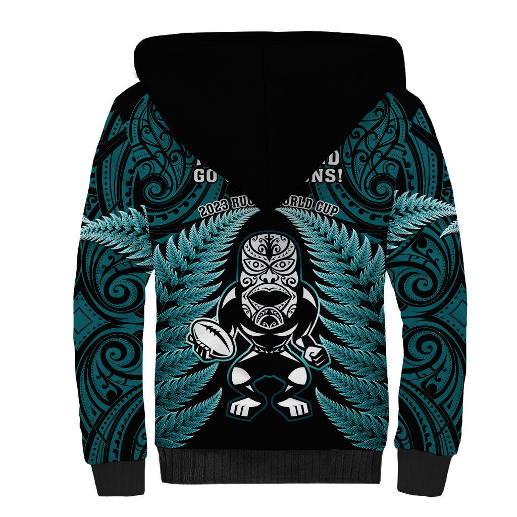 New Zealand Aotearoa Rugby Sherpa Hoodie NZ Tiki With Maori Fern World Cup Turquoise Version - Vibe Hoodie Shop