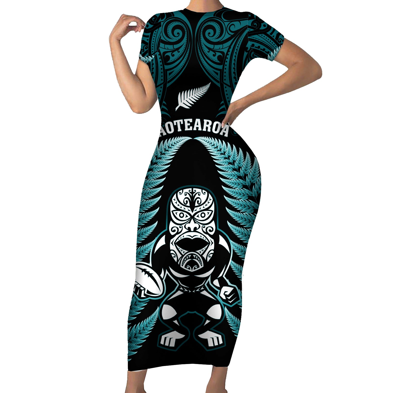 new-zealand-aotearoa-rugby-short-sleeve-bodycon-dress-nz-tiki-with-maori-fern-world-cup-turquoise-version