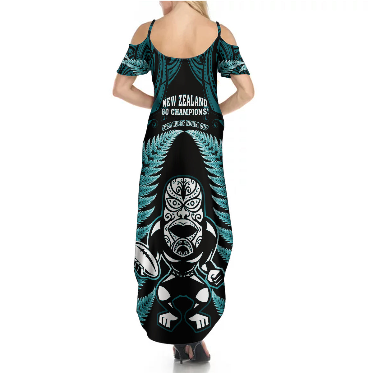 new-zealand-aotearoa-rugby-summer-maxi-dress-nz-tiki-with-maori-fern-world-cup-turquoise-version