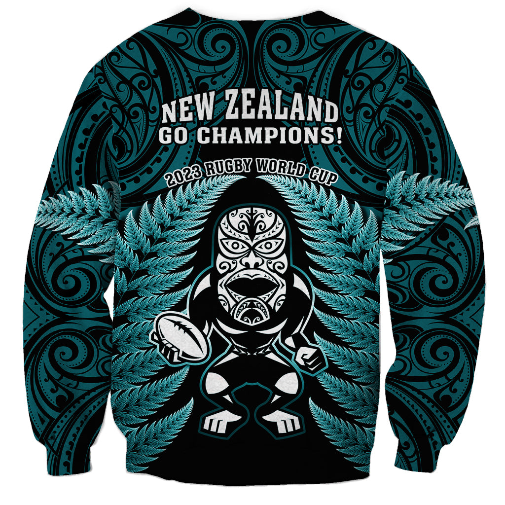 New Zealand Aotearoa Rugby Sweatshirt NZ Tiki With Maori Fern World Cup Turquoise Version - Vibe Hoodie Shop