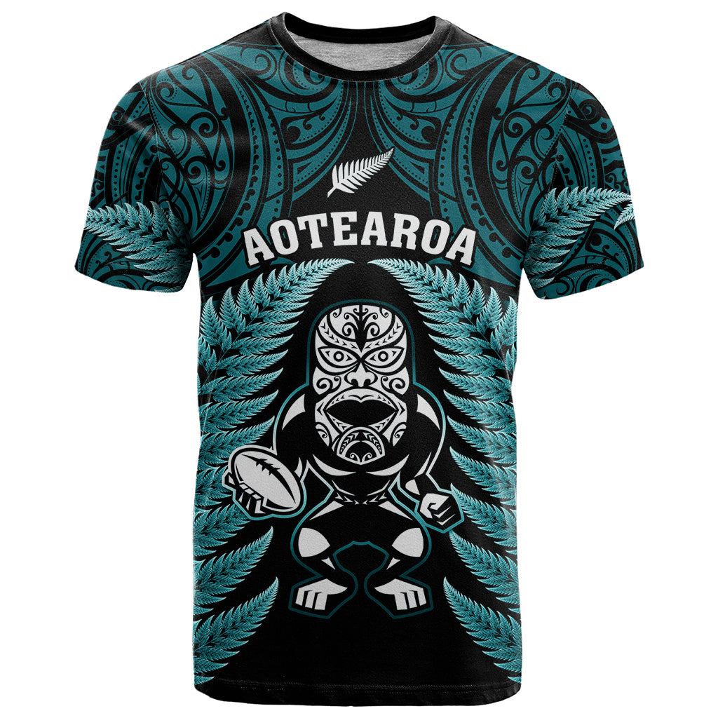 New Zealand Aotearoa Rugby T Shirt NZ Tiki With Maori Fern World Cup Turquoise Version - Vibe Hoodie Shop